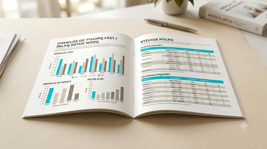 Brochure científico impreso, abierto, con gráficos y tablas clínicas