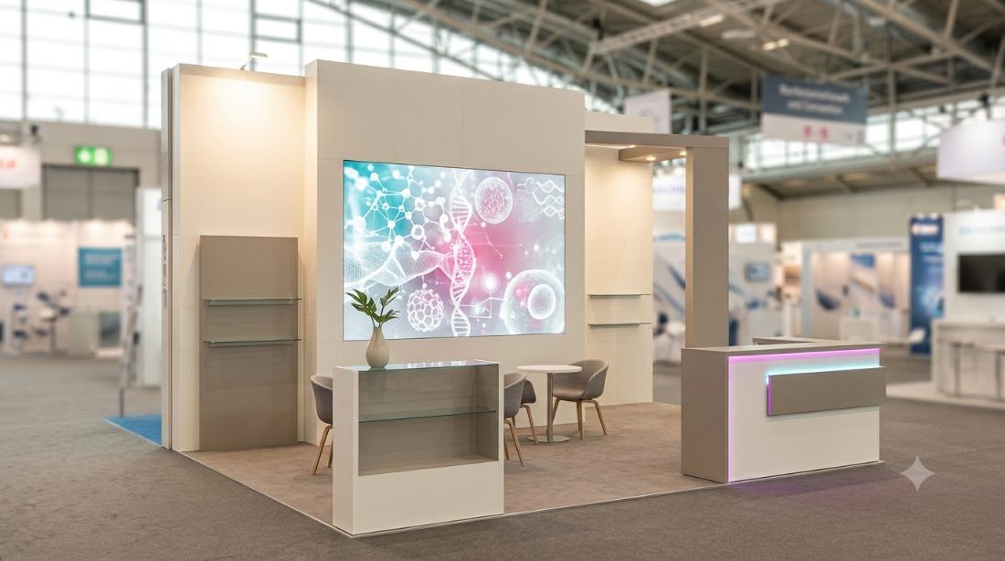 Stand de congreso médico con pantalla de contenido científico