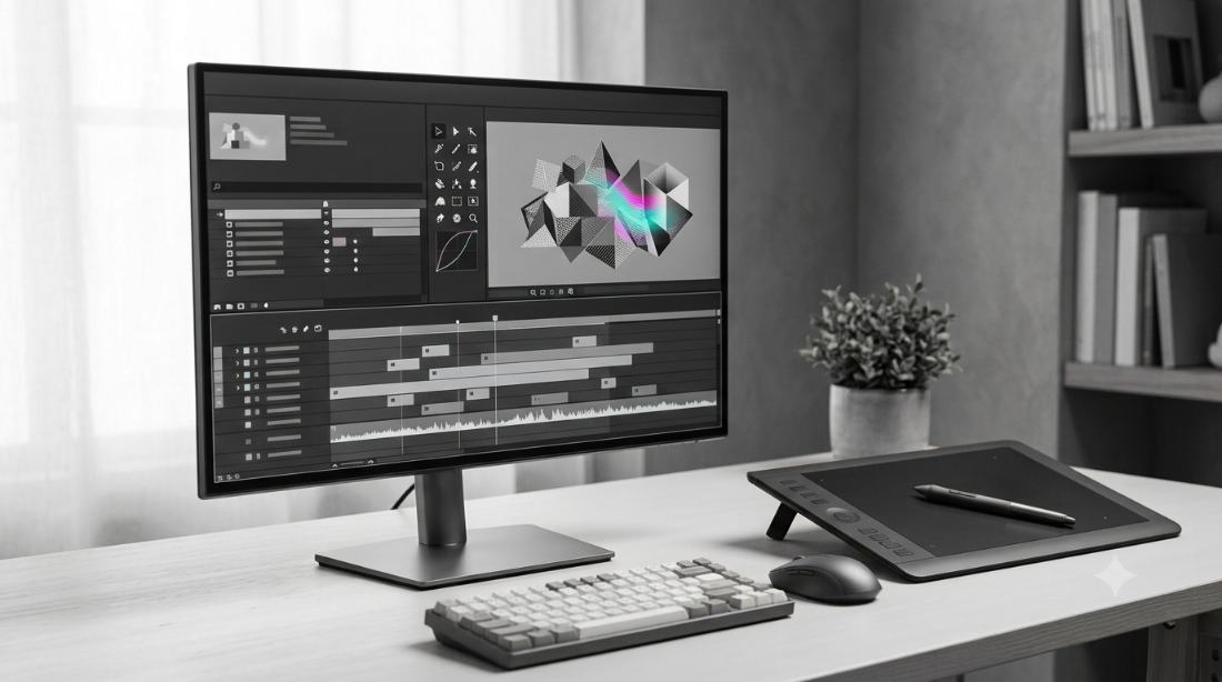 Puesto de edición de video con línea de tiempo en pantalla