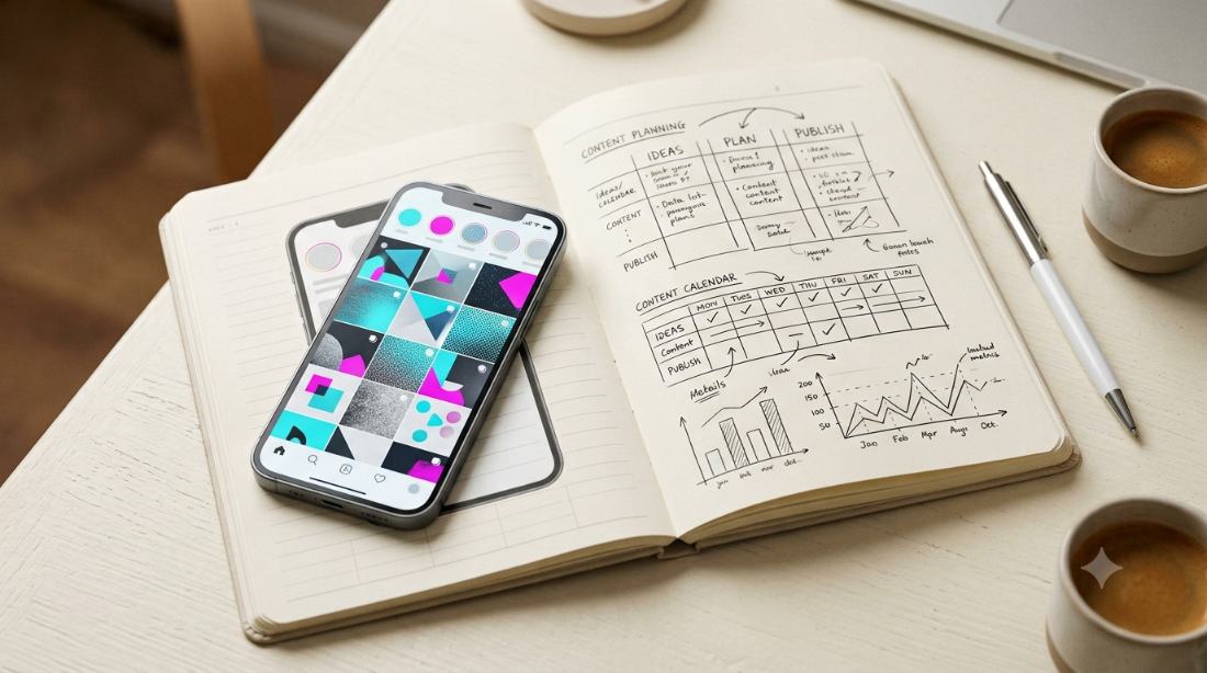 Teléfono con parrilla de Instagram junto a un calendario de contenido